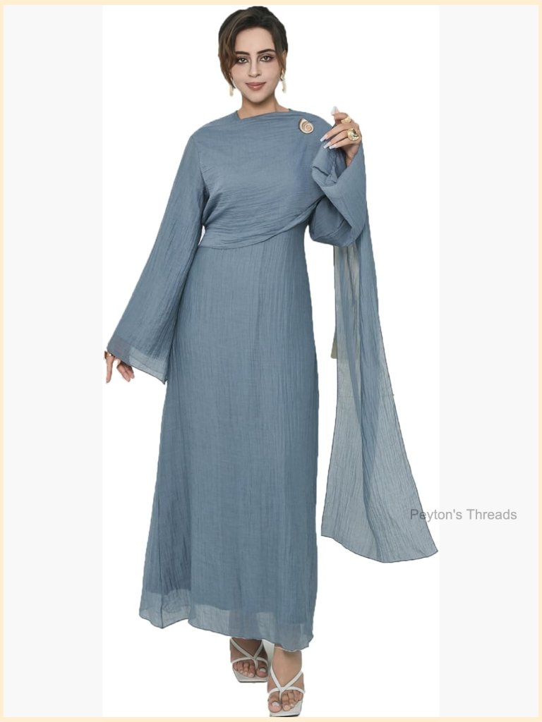 Muslim Double Layered Abaya With Belt And Button Long Jilbab Dress